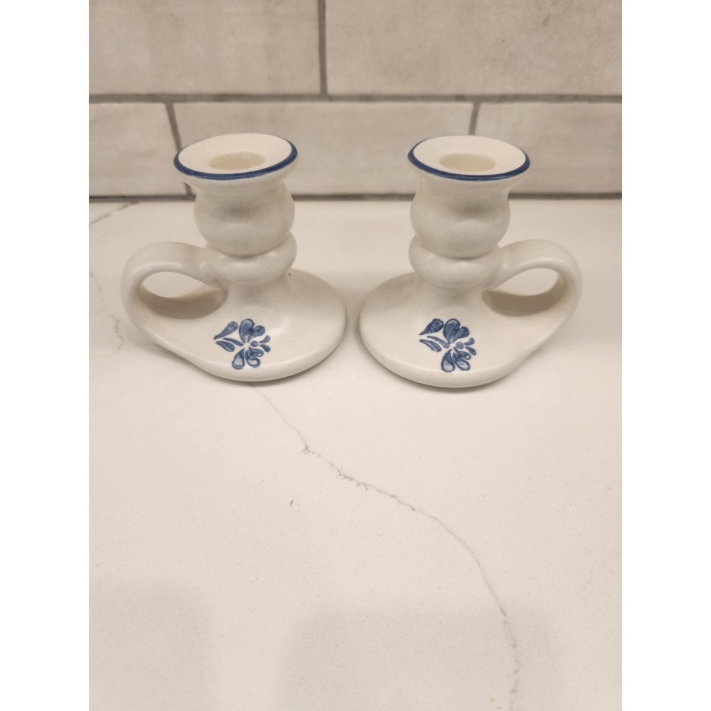 Pair Of (2) Pfaltzgraff Yorktowne Taper Ceramic Candle Holders Blue White
